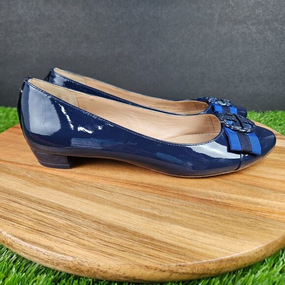 Tory Burch Maritime Ankle Wrap Patent Ballet Flat Navy Sea Paradise Blue Sz 5 M - Picture 1 of 12